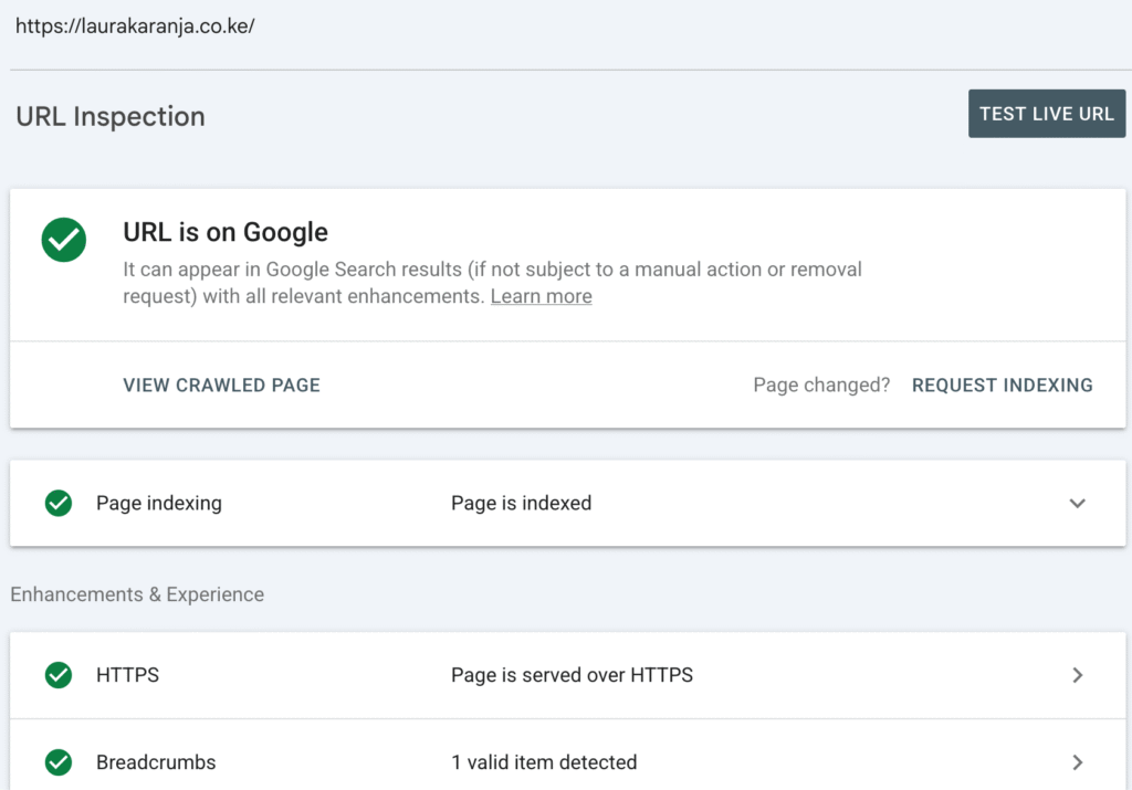 screenshot of indexed homepage for laurakaranja